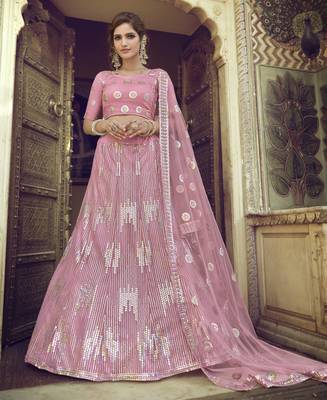 Pink Sequins embroidered net semi stitched Bridal lehenga 1