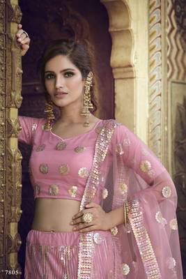 Pink Sequins embroidered net semi stitched Bridal lehenga 2