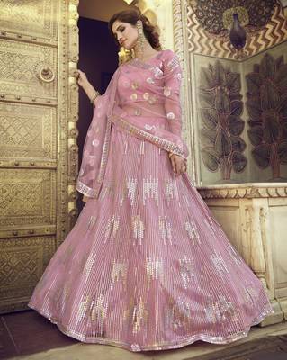 Pink Sequins embroidered net semi stitched Bridal lehenga 4