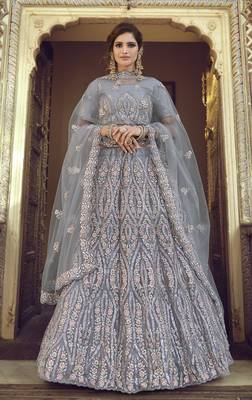Grey Thread, zari, dori and Sequins embroidered net semi stitched Bridal lehenga 1