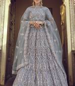 Grey Thread, zari, dori and Sequins embroidered net semi stitched Bridal lehenga