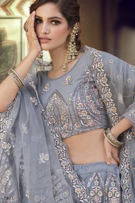 Grey Thread, zari, dori and Sequins embroidered net semi stitched Bridal lehenga 2