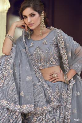 Grey Thread, zari, dori and Sequins embroidered net semi stitched Bridal lehenga 3