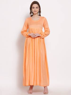 Peach plain cotton long-dresses 3