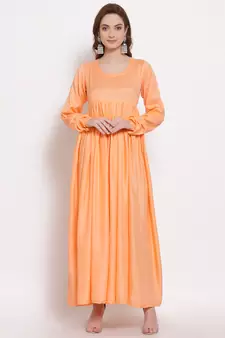 Peach plain cotton long-dresses