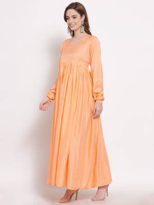 Peach plain cotton long-dresses 4