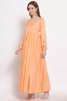 Peach plain cotton long-dresses