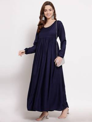 Blue plain cotton long-dresses 1