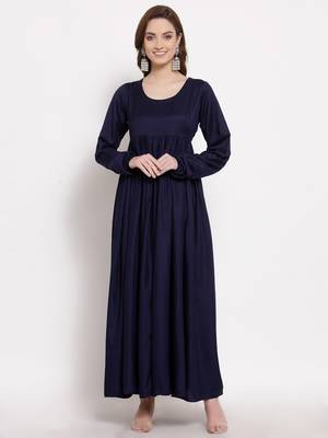 Blue plain cotton long-dresses 2