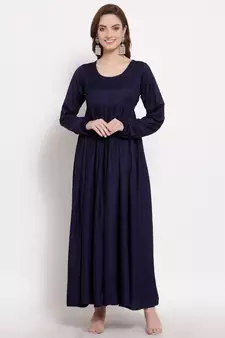 Blue plain cotton long-dresses
