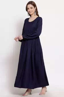 Blue plain cotton long-dresses