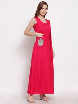 Pink plain cotton long-dresses 1