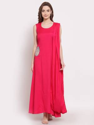 Pink plain cotton long-dresses 2