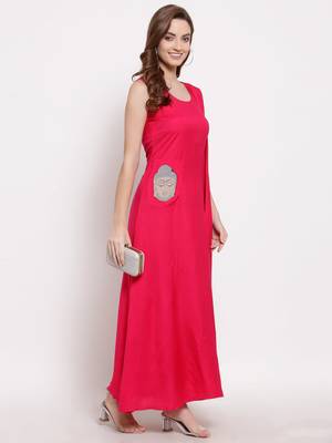 Pink plain cotton long-dresses 3