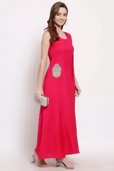 Pink plain cotton long-dresses