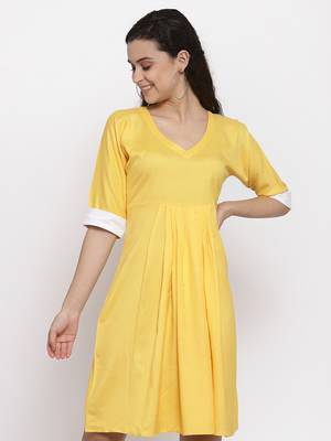 Yellow plain viscose rayon short-dresses 1