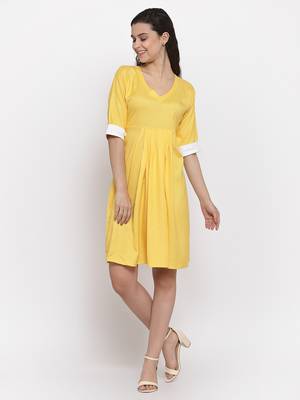 Yellow plain viscose rayon short-dresses 3