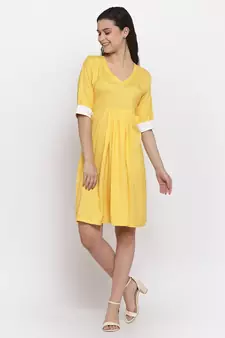 Yellow plain viscose rayon short-dresses