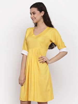 Yellow plain viscose rayon short-dresses 4