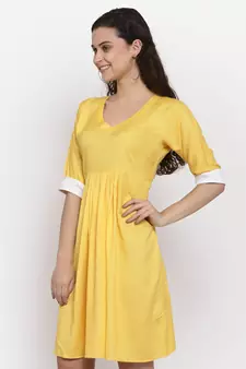 Yellow plain viscose rayon short-dresses