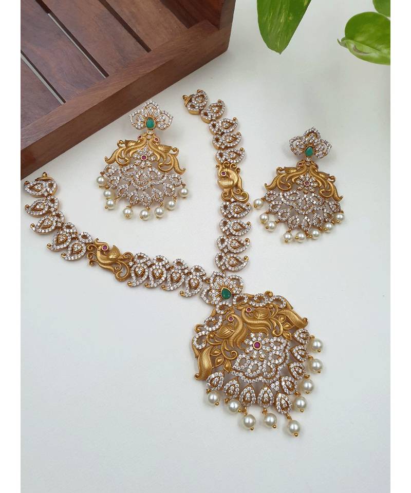 Alluring peacock designer CZ stone necklace with earrings