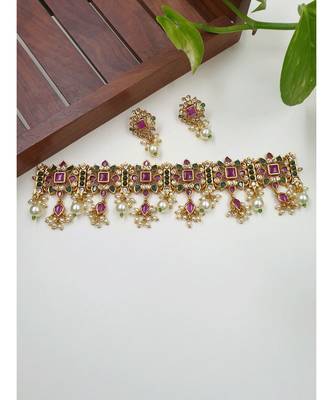 Sleek kempu stone studded floral designer choker with earrings 1
