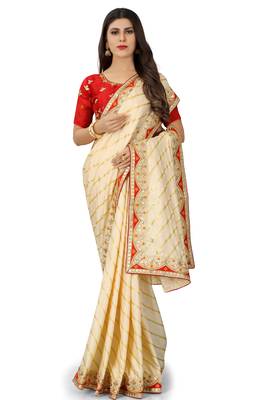 Beige embroidered silk saree with blouse 1