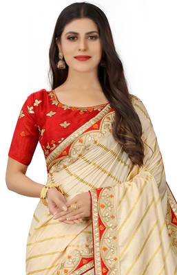 Beige embroidered silk saree with blouse 2