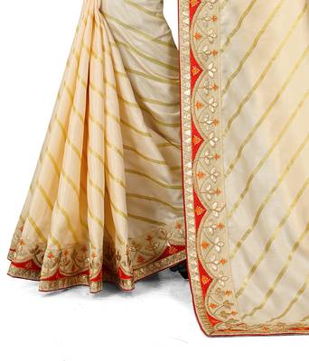 Beige embroidered silk saree with blouse 3