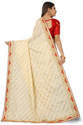 Beige embroidered silk saree with blouse 4