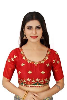 Beige embroidered silk saree with blouse 5