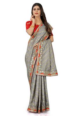 Grey embroidered silk saree with blouse 1