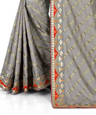 Grey embroidered silk saree with blouse 3