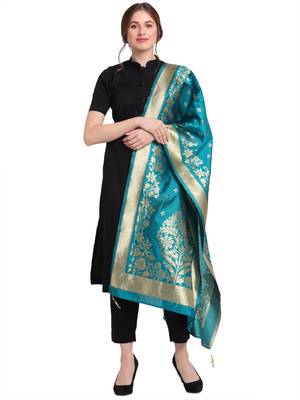 Turquoise Art Silk Zari Woven Dupatta 1