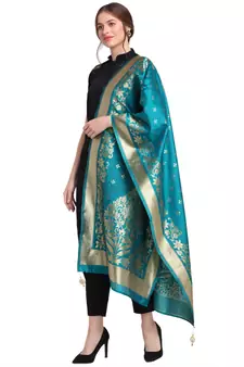 Turquoise Art Silk Zari Woven Dupatta