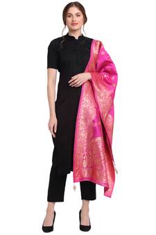 Pink Art Silk Zari Woven Dupatta