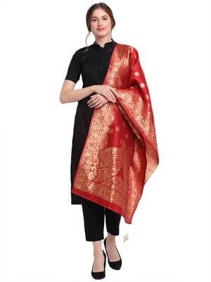 Red Art Silk Zari Woven Dupatta 1