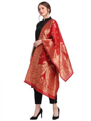 Red Art Silk Zari Woven Dupatta 3