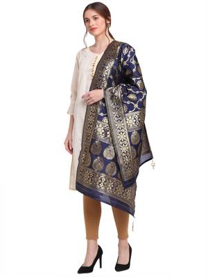 Navy Blue Art Silk Zari Woven Dupatta 3