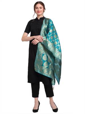 Turquoise Art Silk Zari Woven Dupatta 1