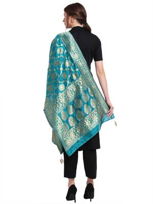 Turquoise Art Silk Zari Woven Dupatta 2