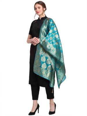 Turquoise Art Silk Zari Woven Dupatta 3
