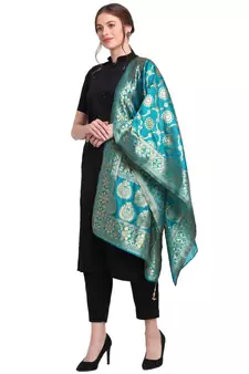Turquoise Art Silk Zari Woven Dupatta