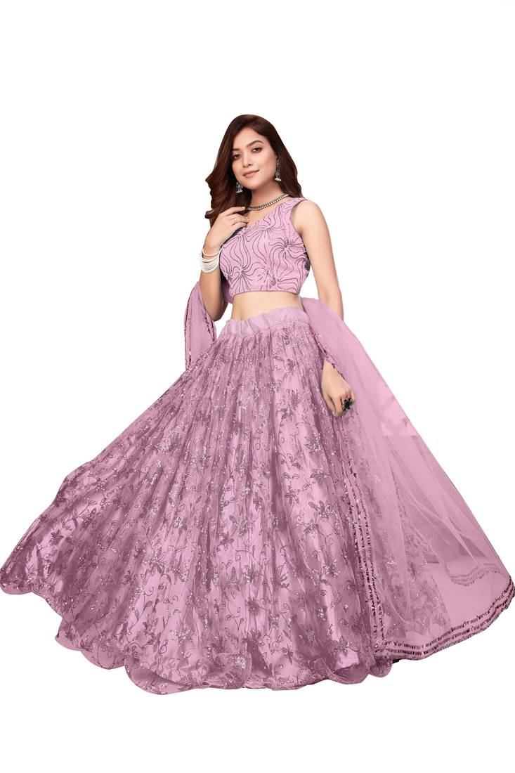 Pink Net With Sequence Embroidery Lehenga Choli 