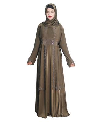 Brown embroidered denim abaya 1