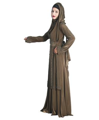 Brown embroidered denim abaya 3