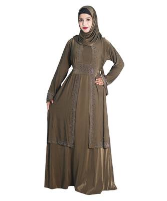 Brown embroidered denim abaya 4