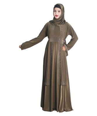 Brown embroidered denim abaya 5