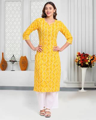 Yellow printed cotton ethnic-kurtis 1