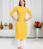 Yellow printed cotton ethnic-kurtis